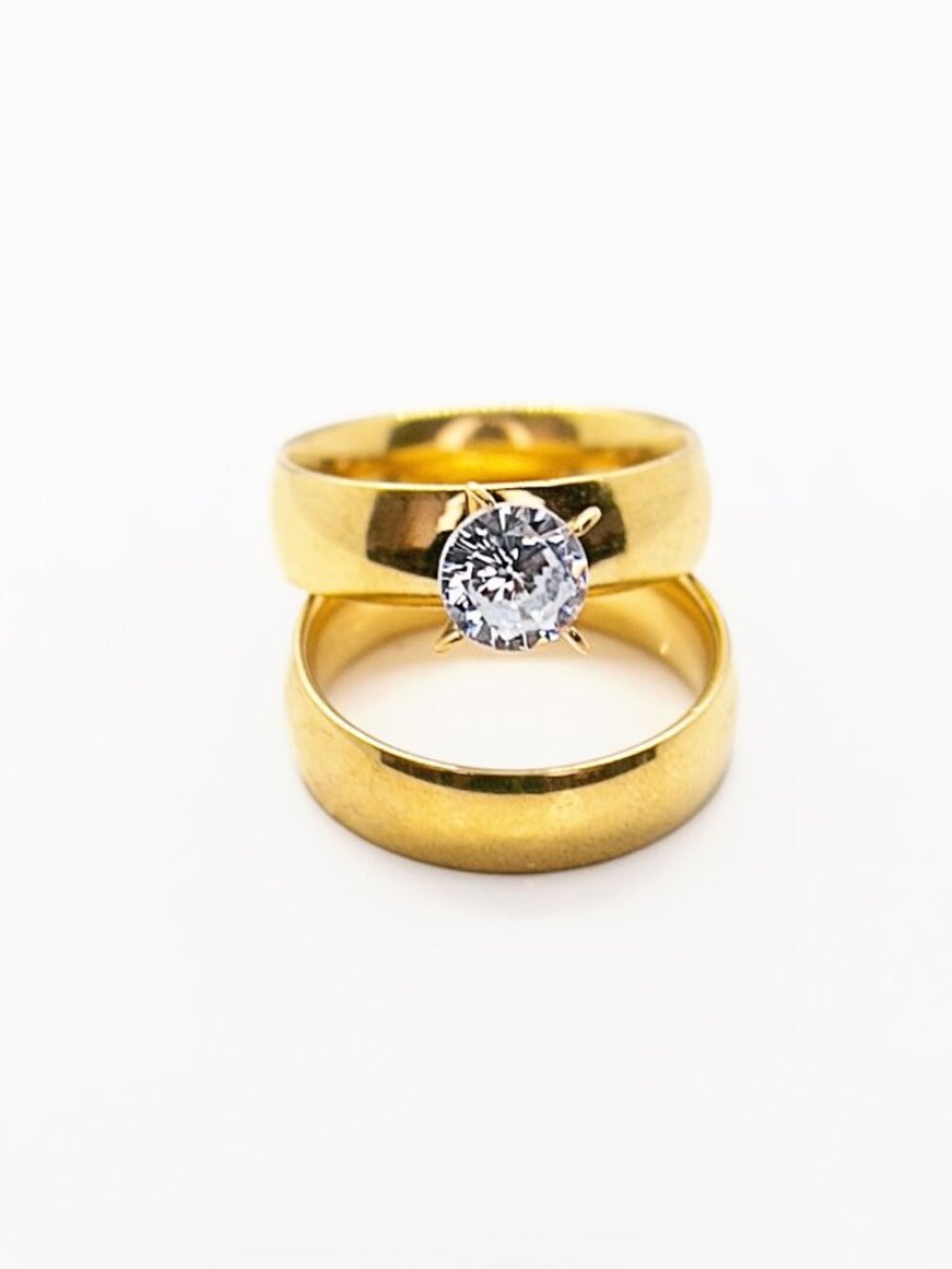 Size 7 Gold Stainless Steel CZ Engagement & Wedding Ring Bridal Set